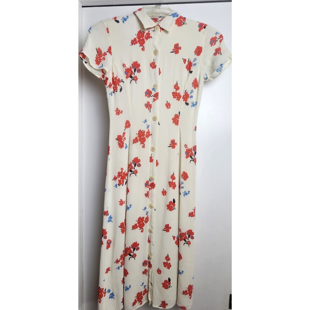 Reformation Sheila Floral Midi Dress 0 Ivory Red Blue Button Front Cottagecore - Picture 4 of 16